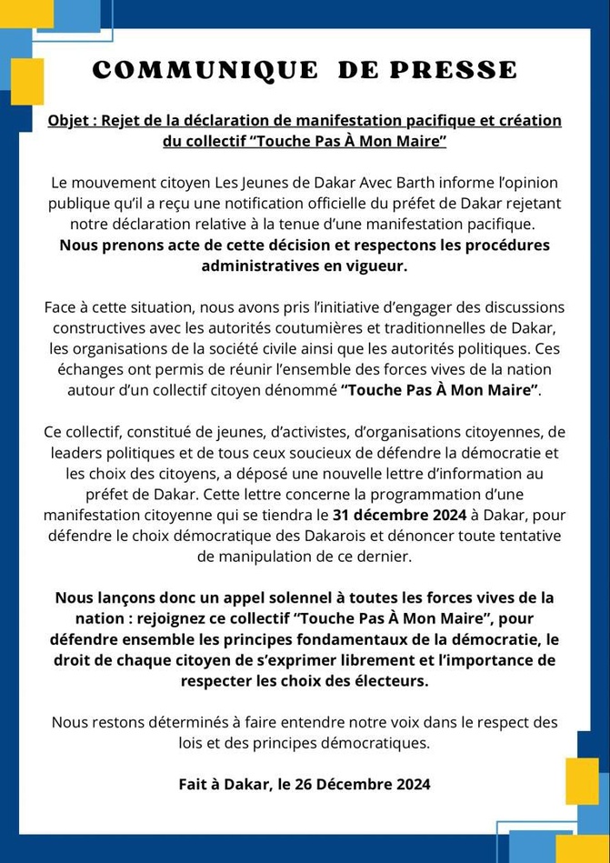 En soutien à Barthélémy Dias : La marche pacifique de la Jeunesse de Dakar avec Barth, prévue ce vendredi, interdite par le Préfet 