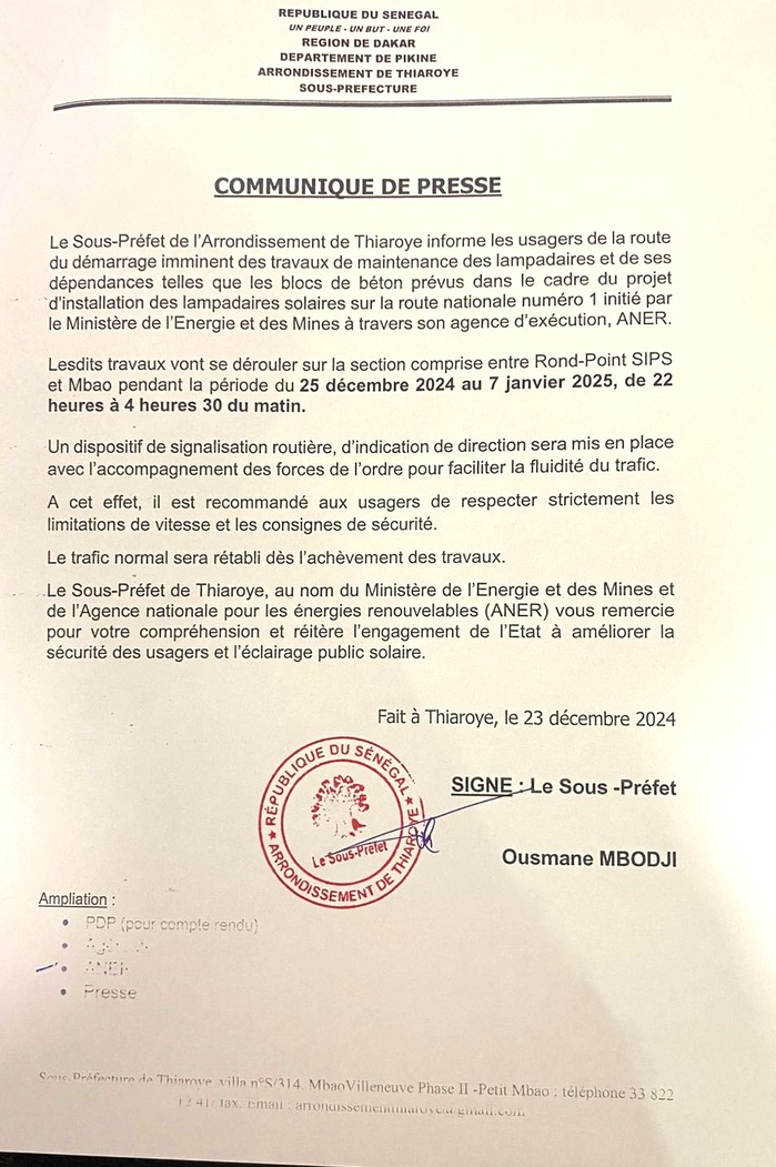 SIPS et Mbao - Travaux de maintenance et installation de lampadaires solaires sur la RN1 par l'ANER ( Communiqué)