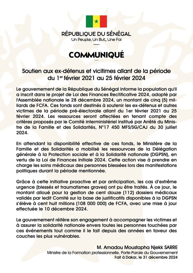 Le gouvernement sénégalais débloque 5 milliards FCFA pour soutenir les ex-détenus et victimes de la période pré-électorale