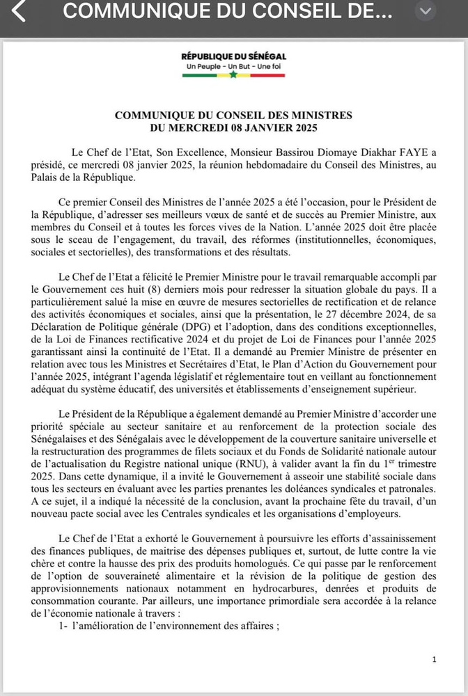 Conseil des Ministres de ce mercredi 08 Janvier 2024