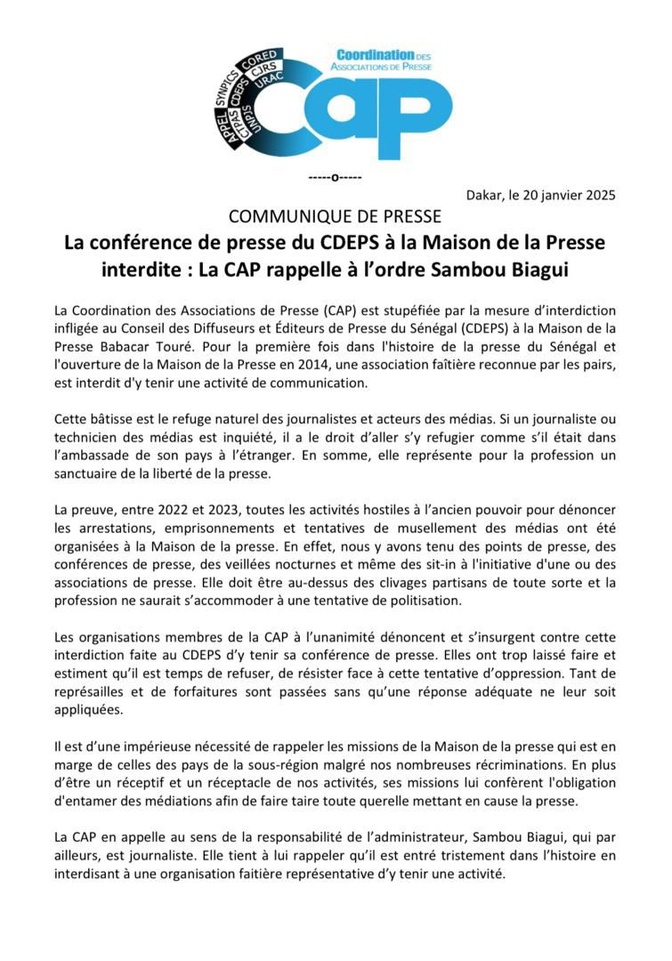 La conférence de presse du CDEPS interdite: La CAP dénonce et rappelle à l'ordre Sambou Biagui