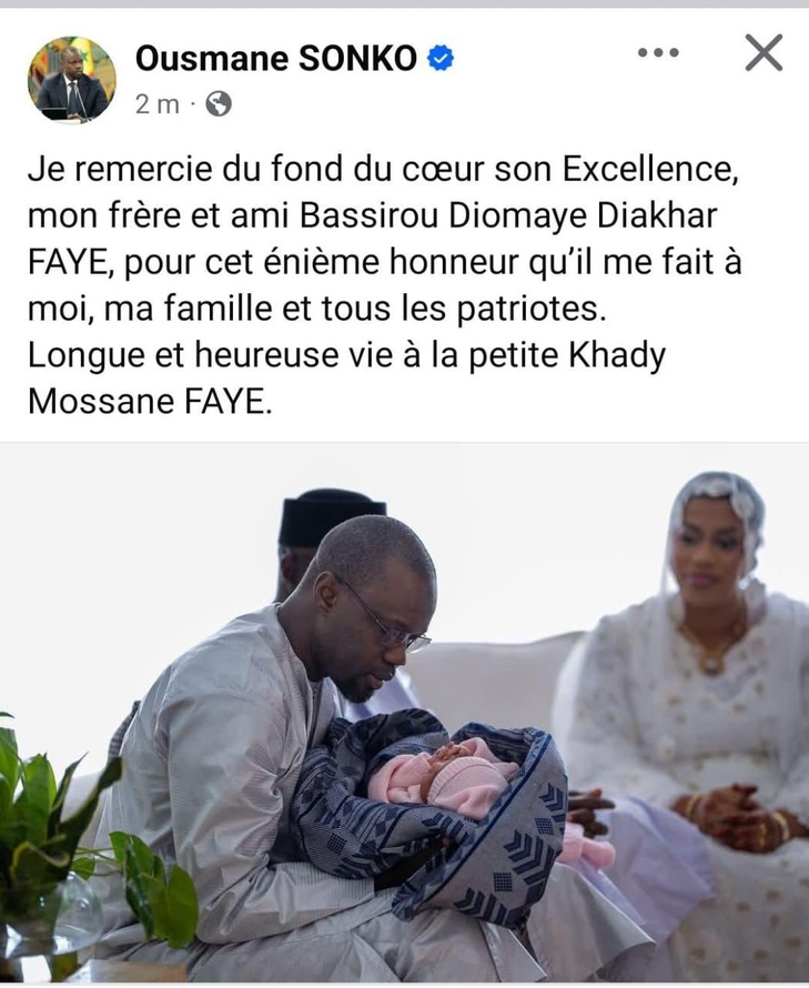 Fait historique : Le couple présidentiel baptise son enfant du nom de la mère du PM Ousmane Sonko