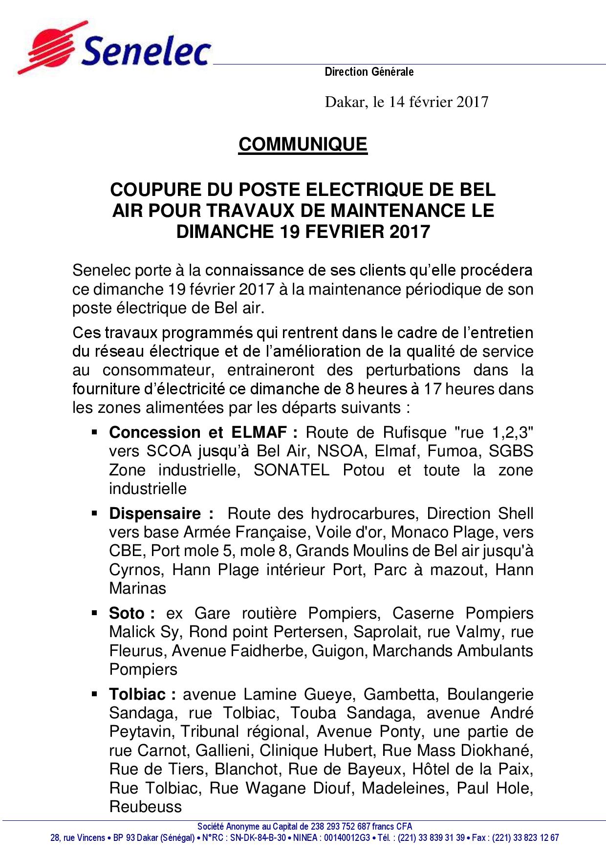 Coupure du poste électrique de Bel-Air pour travaux de maintenance le dimanche 19 février 2017