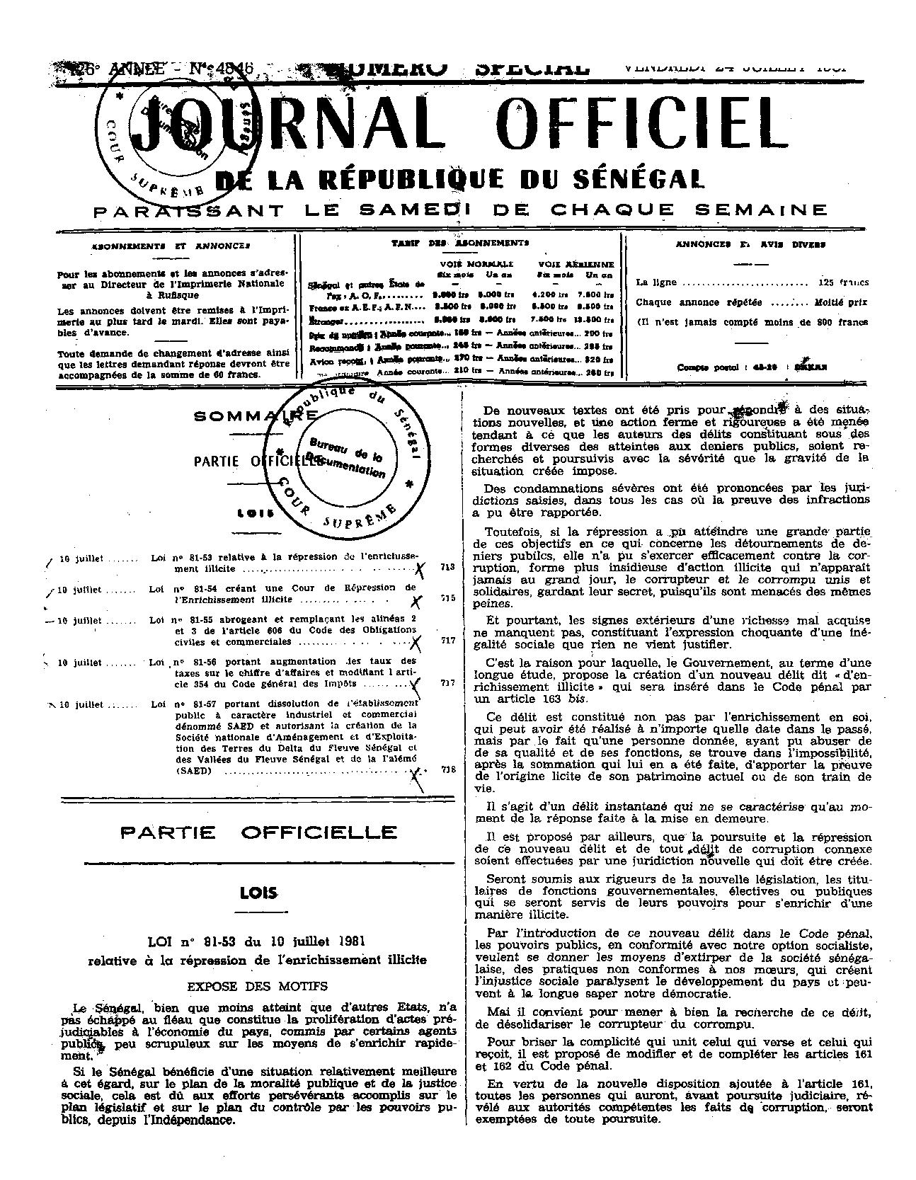 Lois n° 81-53 et n° 81-54 du 10 juillet 1981 relatives à la répression de l’enrichissement illicite : Les motivations d’Abdou Diouf  en 1981?