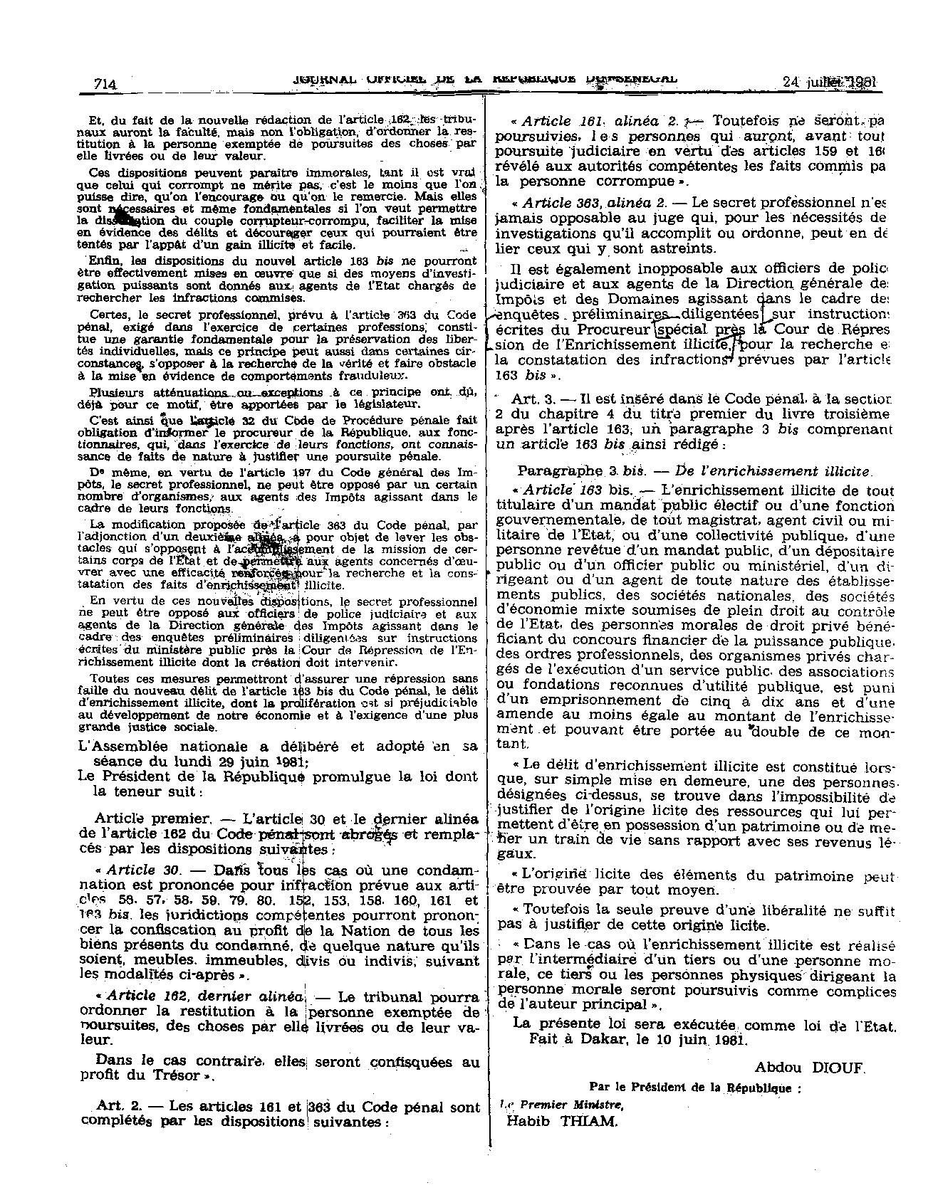 Lois n° 81-53 et n° 81-54 du 10 juillet 1981 relatives à la répression de l’enrichissement illicite : Les motivations d’Abdou Diouf  en 1981?