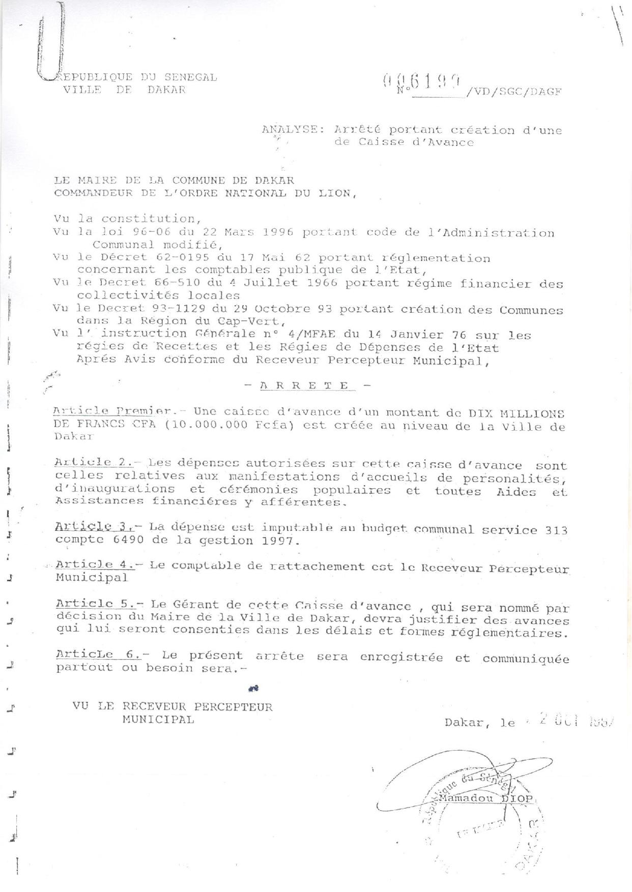 Caisse d’avance Mairie de Dakar : Voici quelques documents d'archives à valeur documentaire signés par l'ancien édile, Mamadou Diop