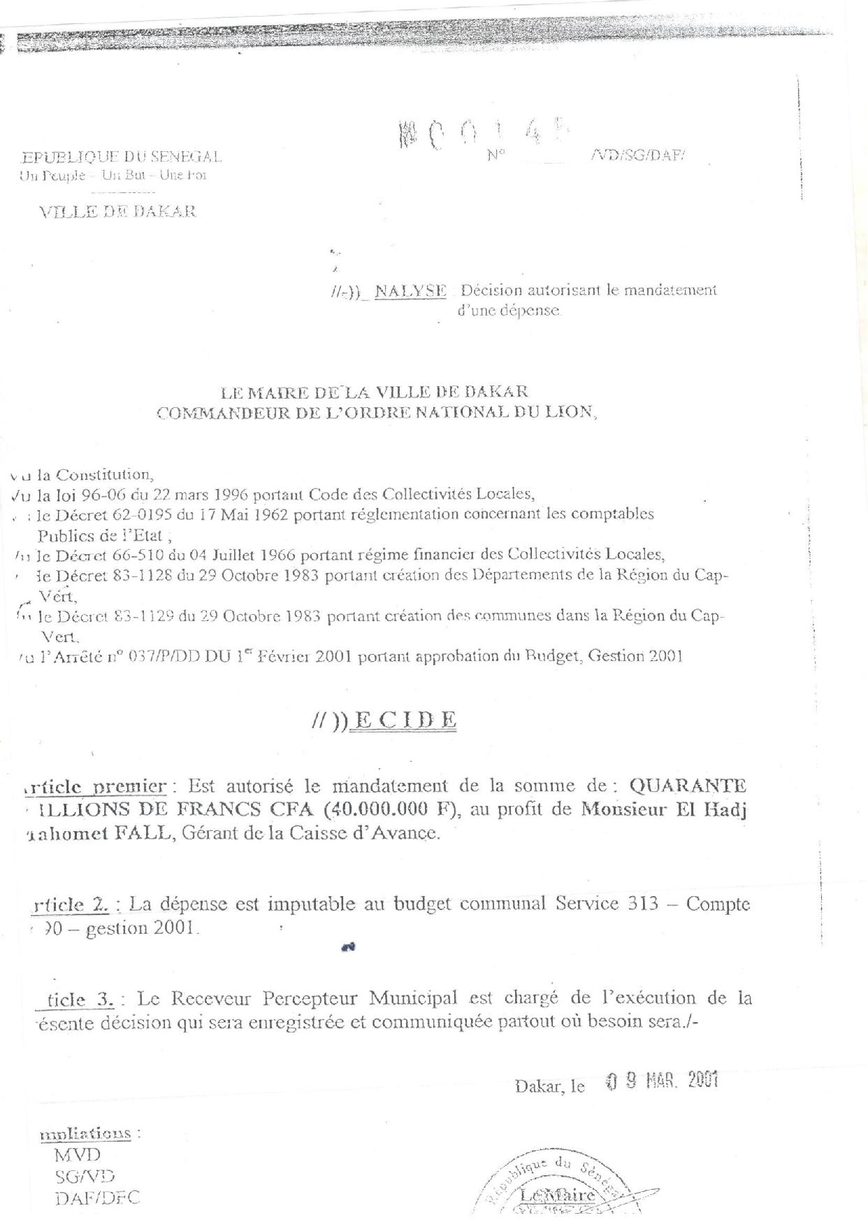 Caisse d’avance Mairie de Dakar : Voici quelques documents d'archives à valeur documentaire signés par l'ancien édile, Mamadou Diop