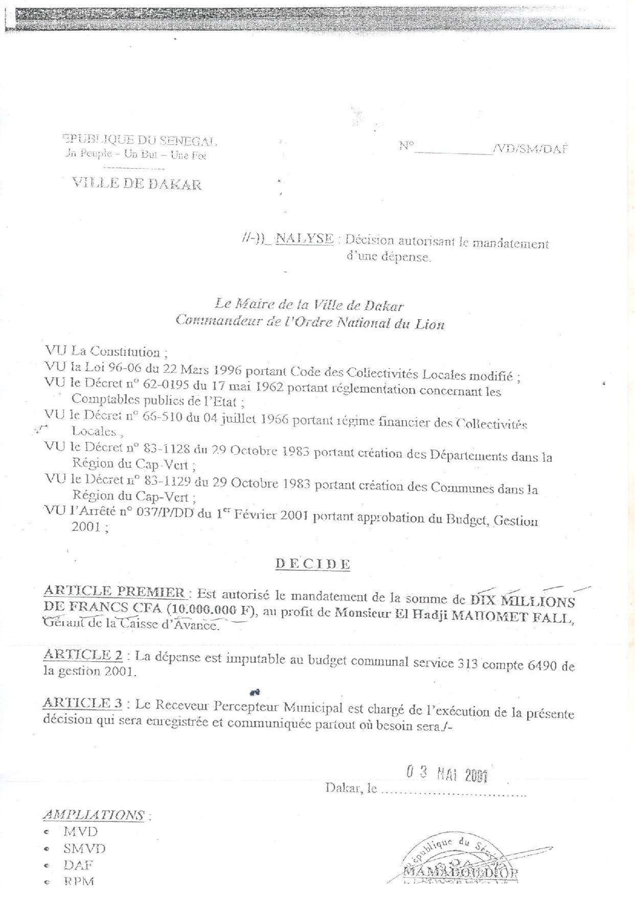 Caisse d’avance Mairie de Dakar : Voici quelques documents d'archives à valeur documentaire signés par l'ancien édile, Mamadou Diop