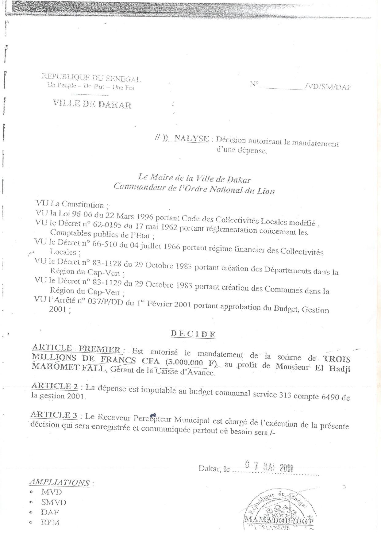 Caisse d’avance Mairie de Dakar : Voici quelques documents d'archives à valeur documentaire signés par l'ancien édile, Mamadou Diop