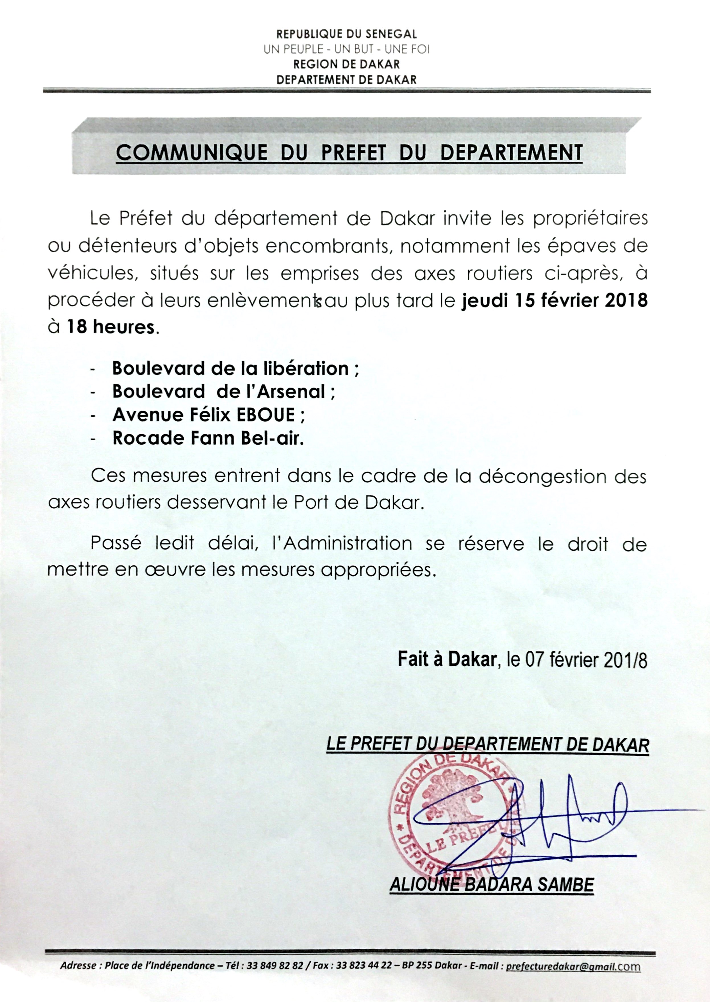 Communiqué du préfet de Dakar sur la décongestion des axes routiers desservant le Port de Dakar