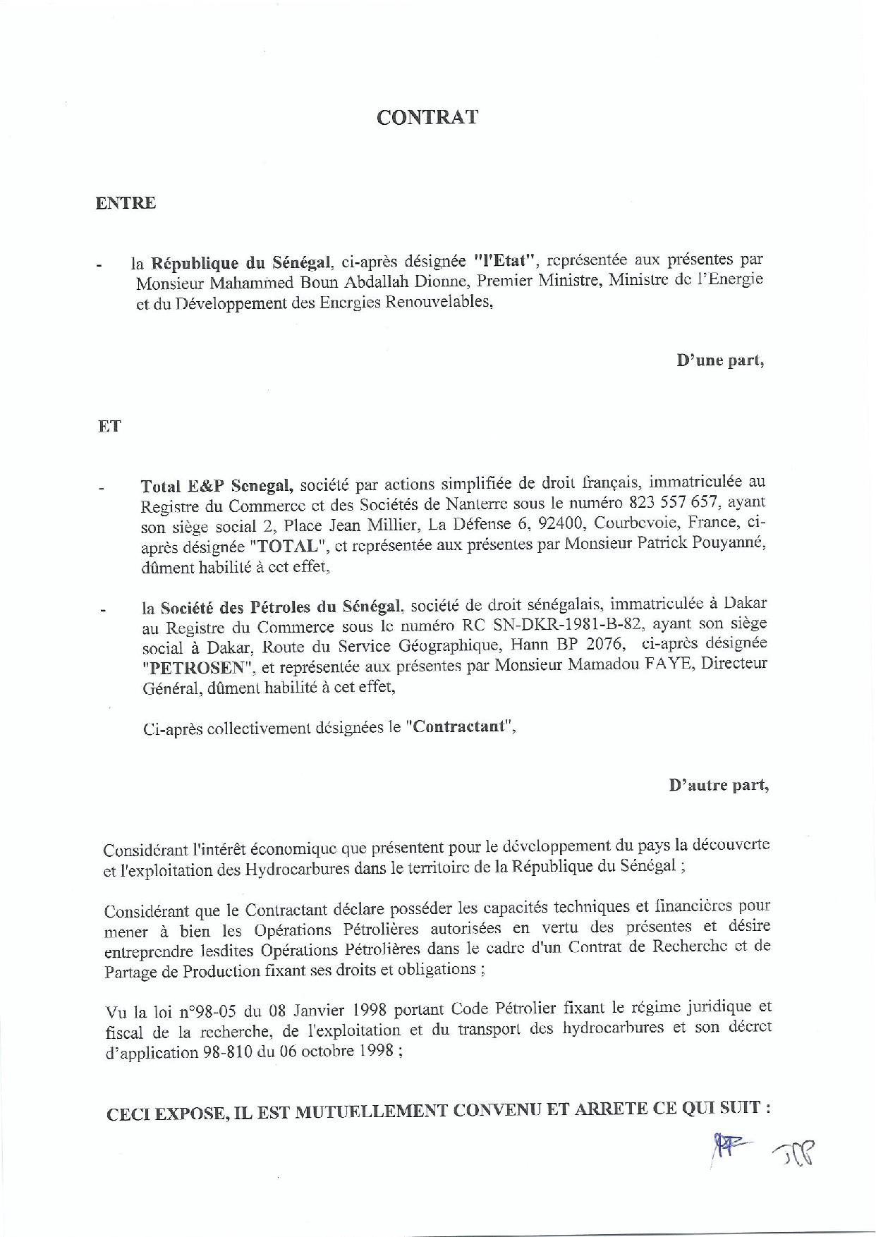 Contrat de recherche et de partage de production d'hydrocarbure " Rufisque Offshore" entre l'Etat du Sénégal et Total (Part 1)