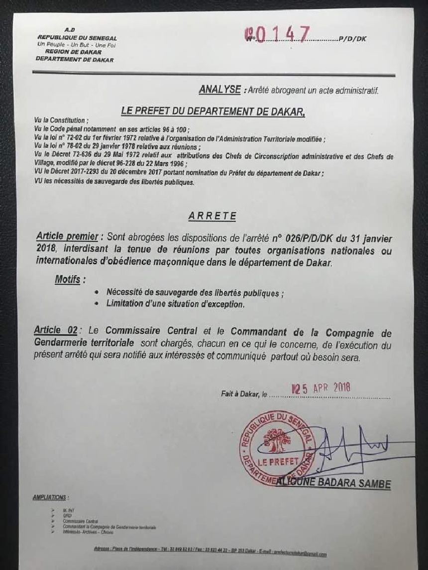 Les Francs-maçons peuvent désormais se rencontrer à Dakar