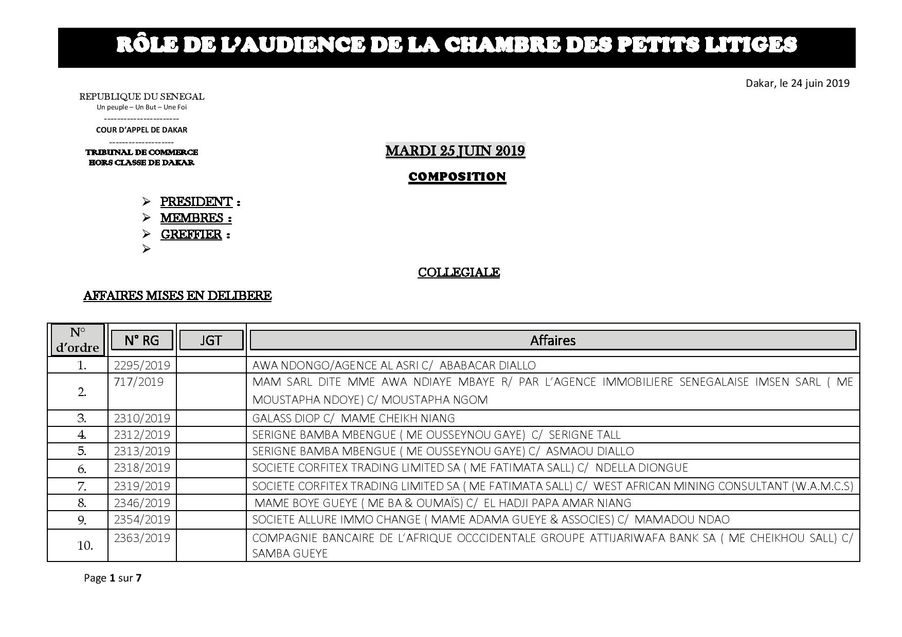 Audiences de la Chambre des Petits Litiges de ce mardi 25 juin 2019