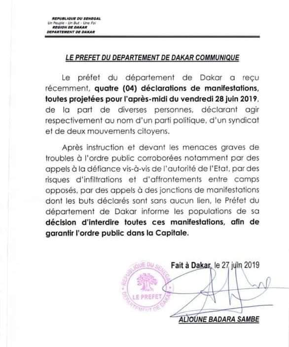 Le Préfet de Dakar a interdit toutes les manifestations prévues ce