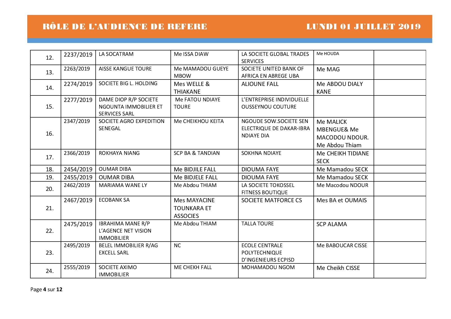 Audiences des Référés de ce lundi 01 juillet 2019