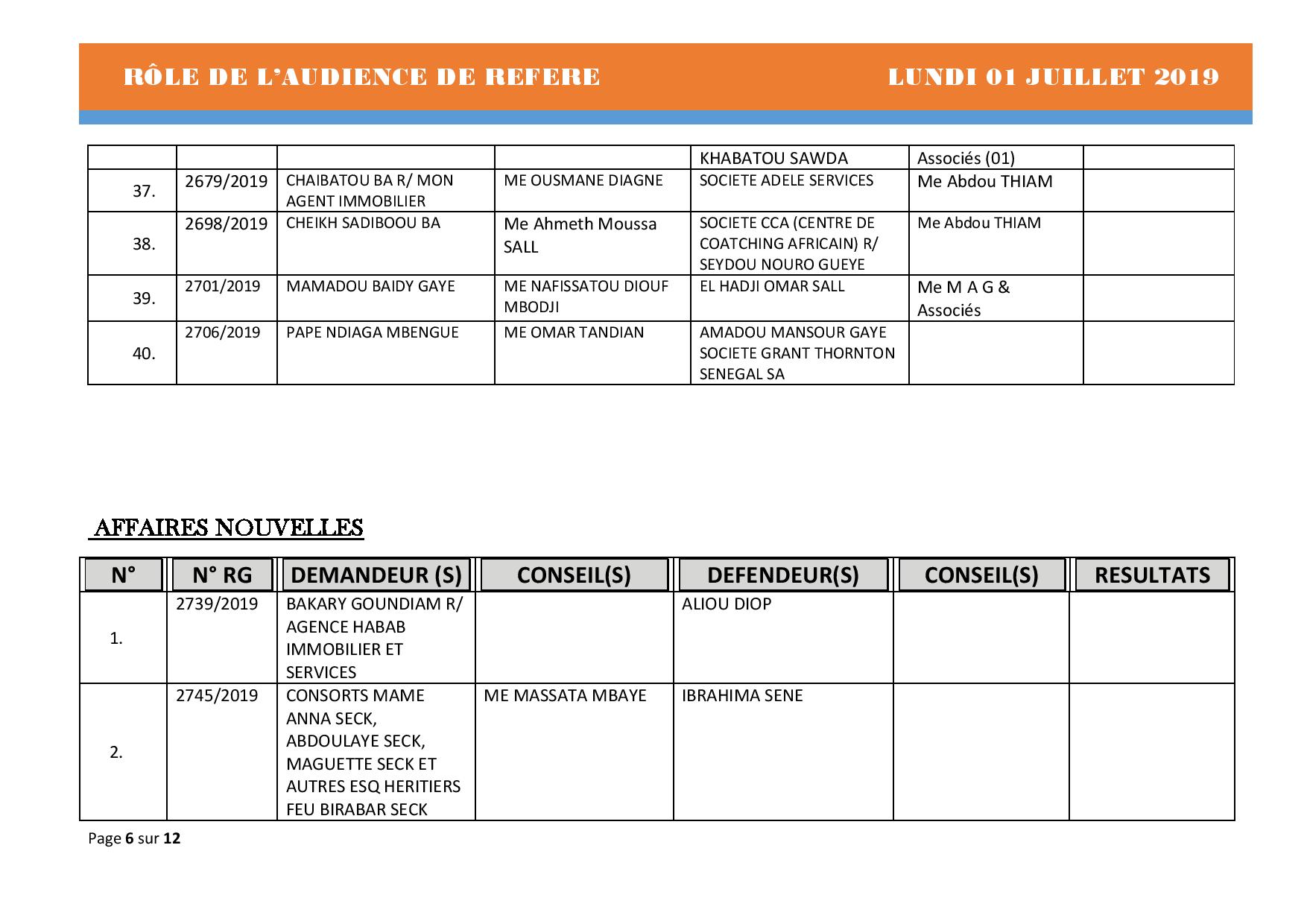 Audiences des Référés de ce lundi 01 juillet 2019