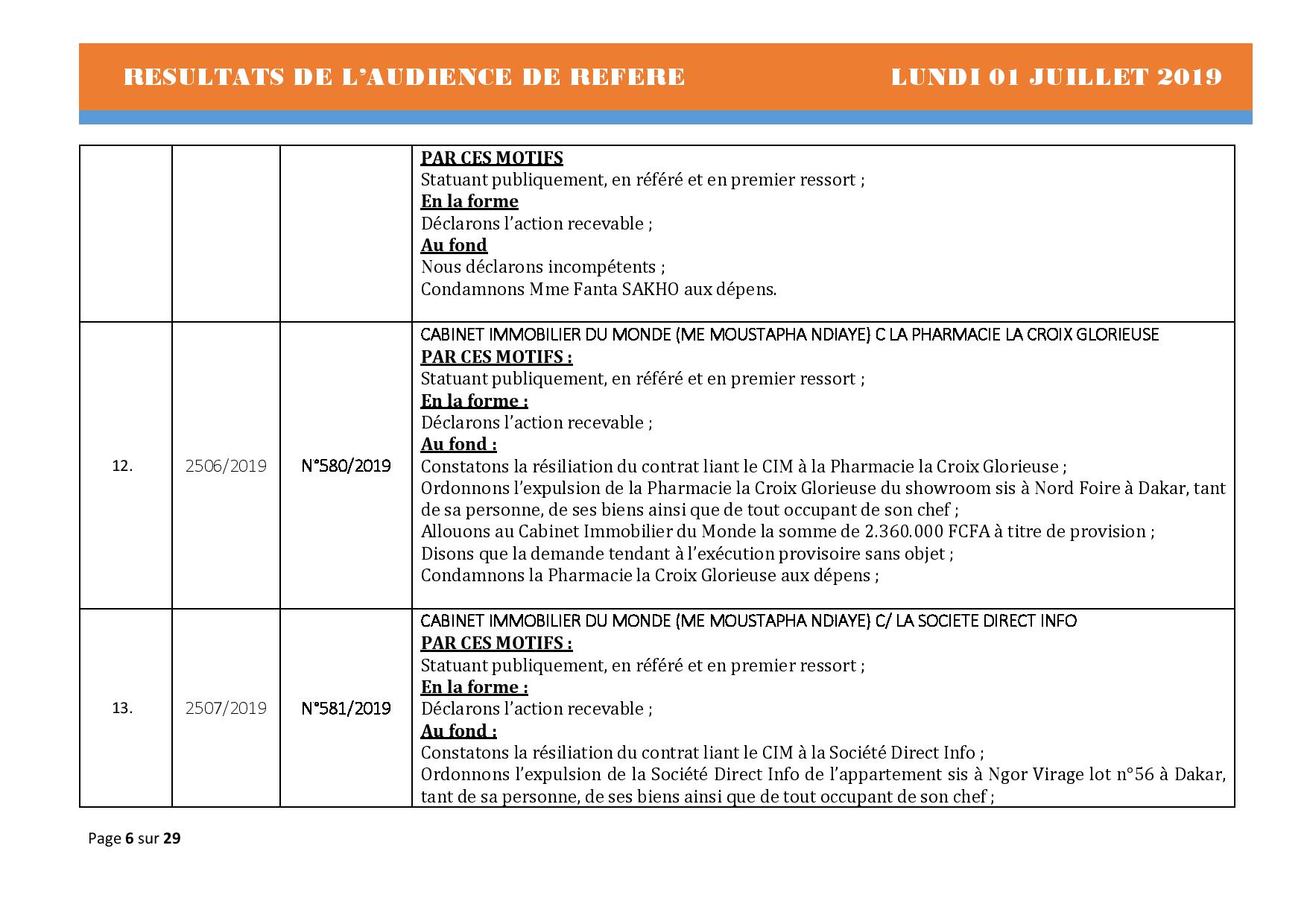 Délibérés Audiences des Référés du lundi 01 juillet 2019