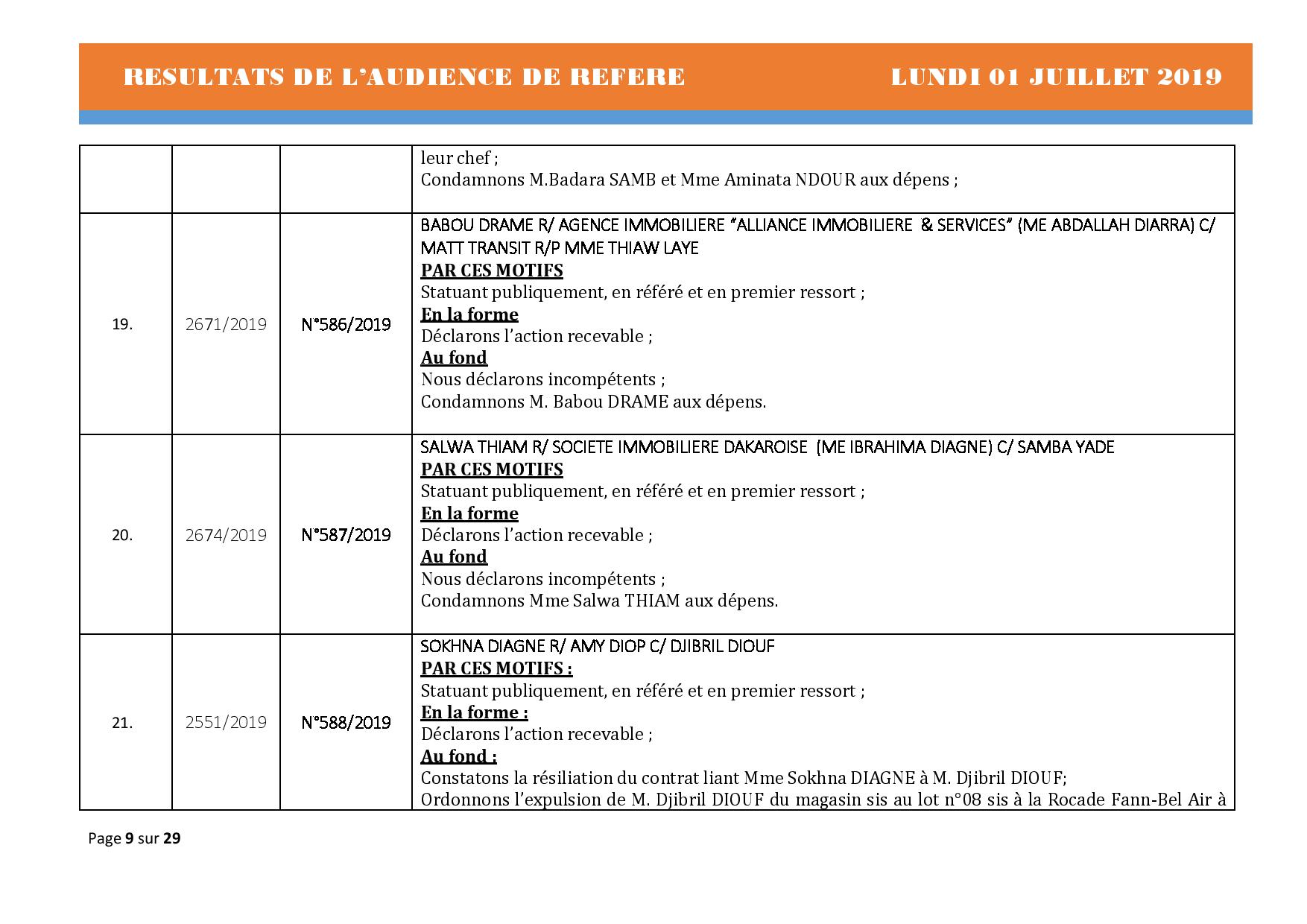 Délibérés Audiences des Référés du lundi 01 juillet 2019