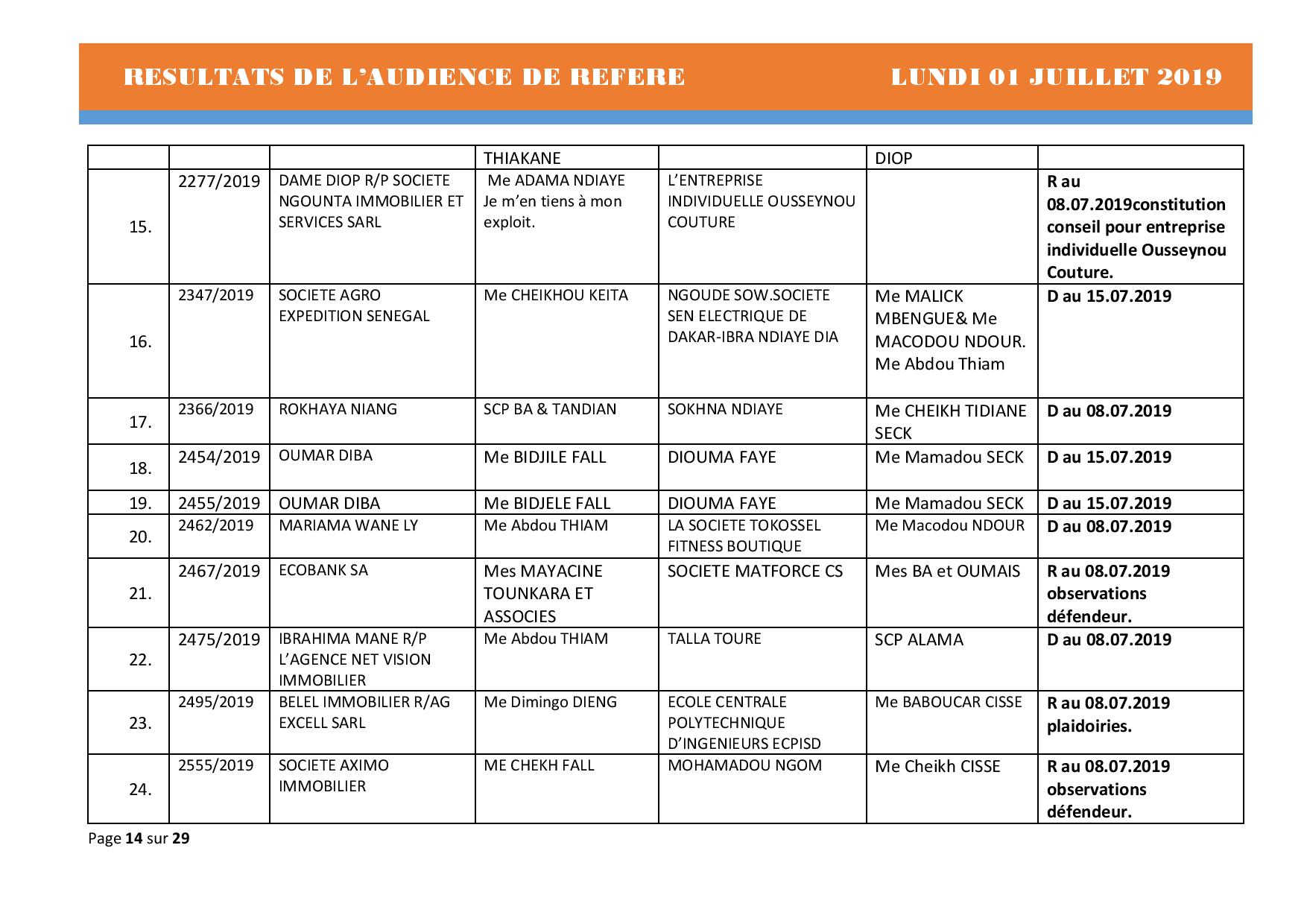 Délibérés Audiences des Référés du lundi 01 juillet 2019