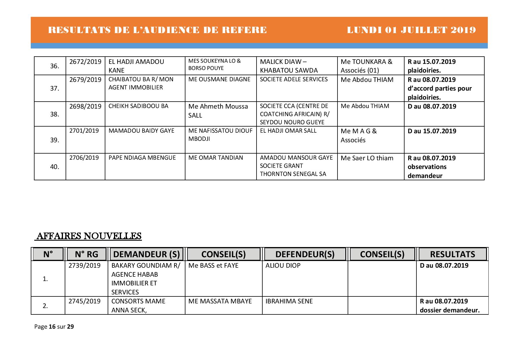 Délibérés Audiences des Référés du lundi 01 juillet 2019