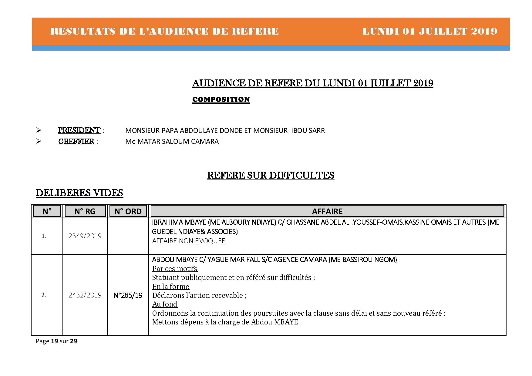 Délibérés Audiences des Référés du lundi 01 juillet 2019