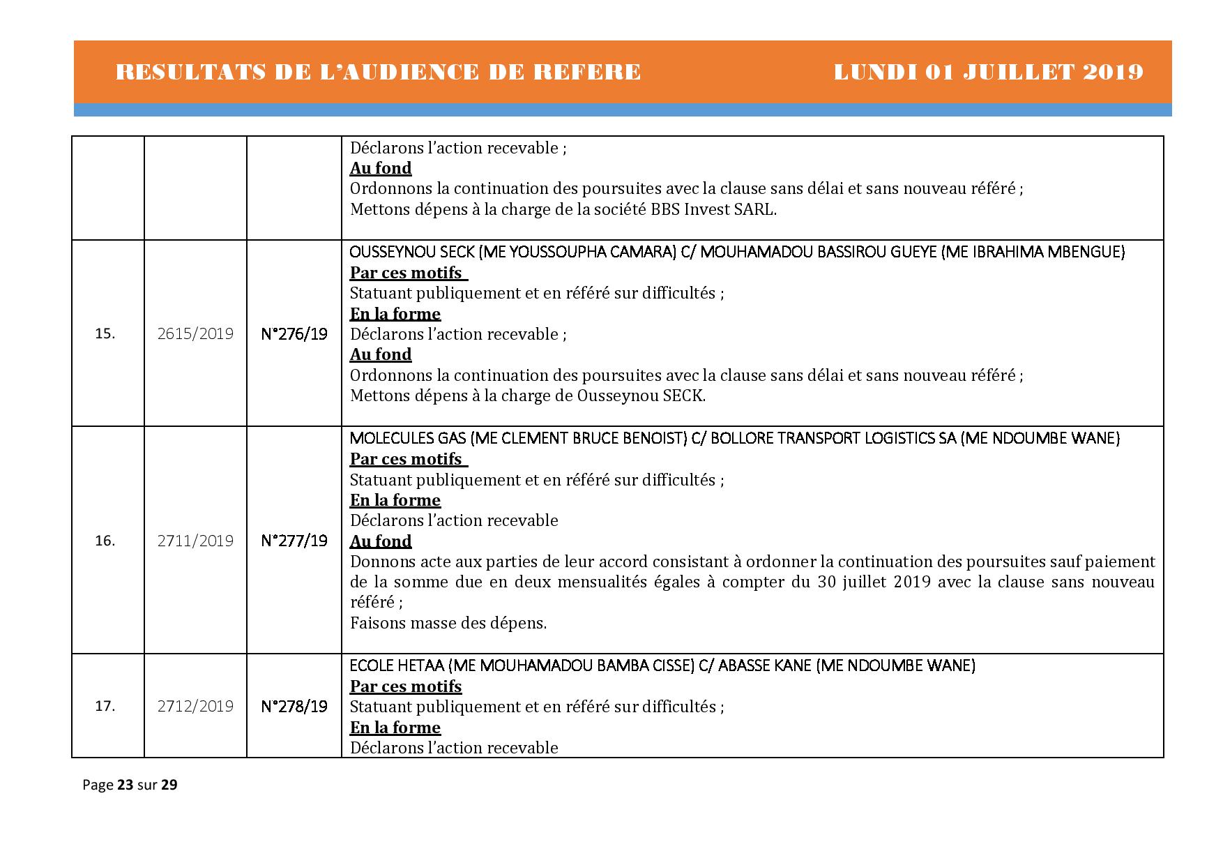 Délibérés Audiences des Référés du lundi 01 juillet 2019