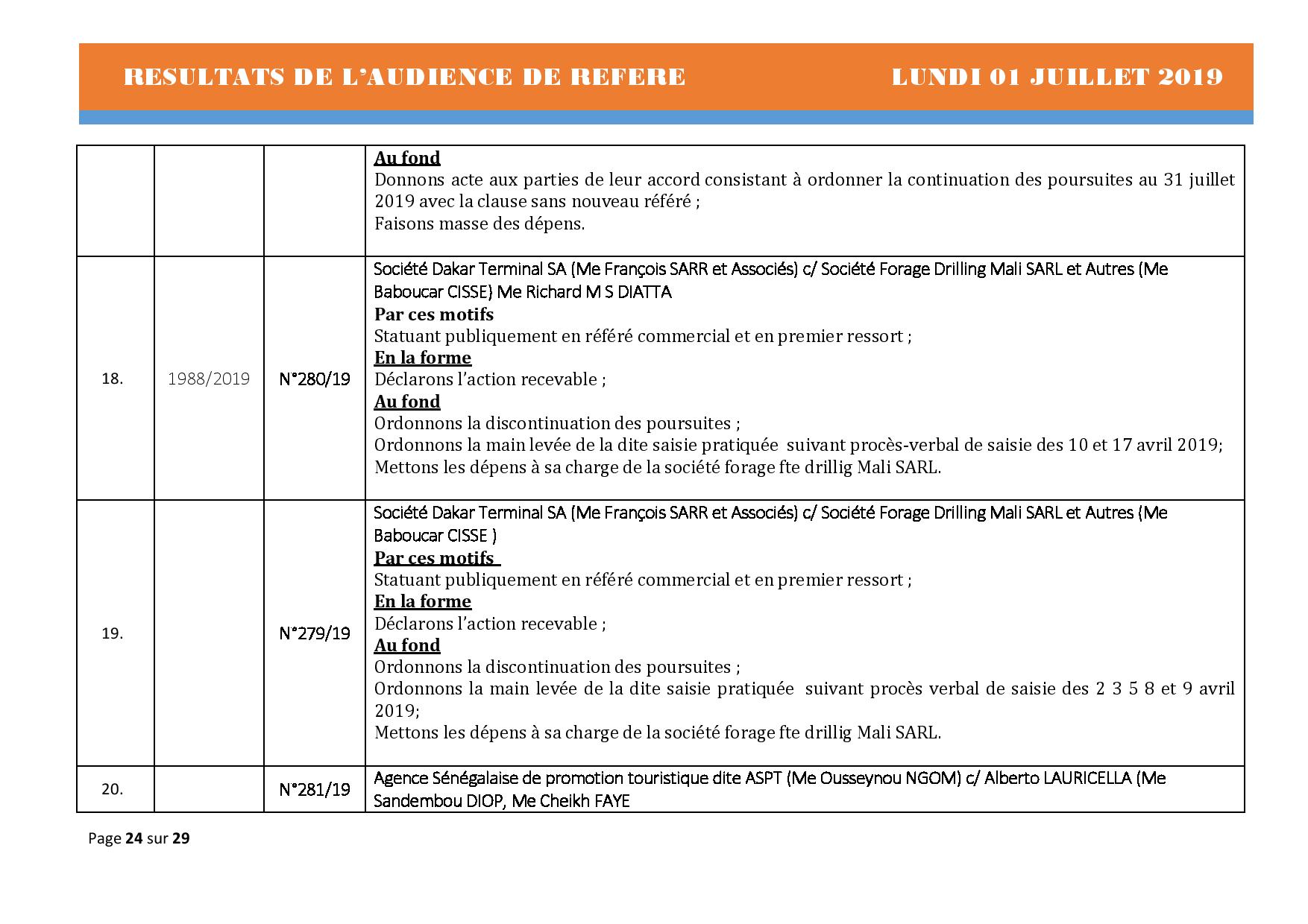 Délibérés Audiences des Référés du lundi 01 juillet 2019