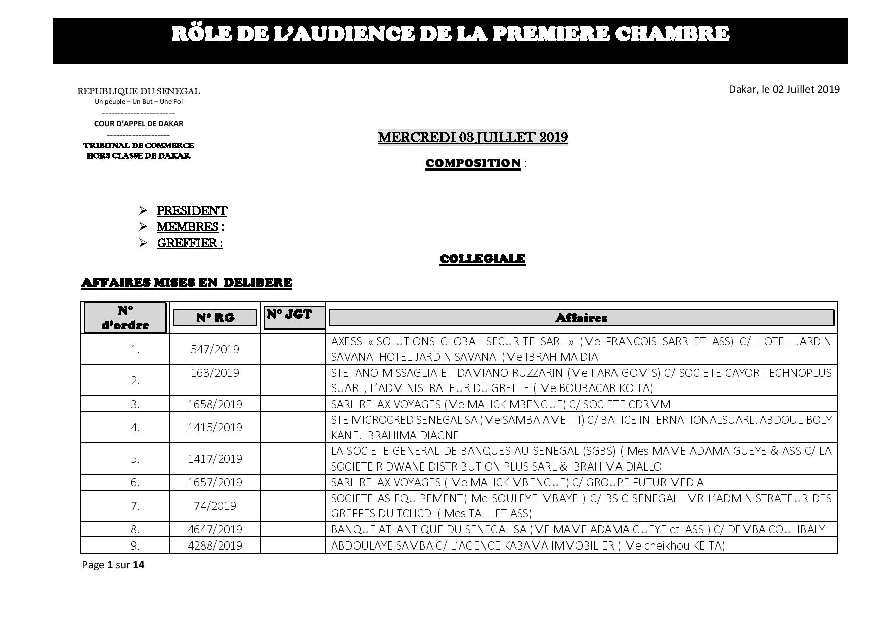 Tribunal du Commerce: Audiences de la Première Chambre de ce mercredi 3 juillet 2019