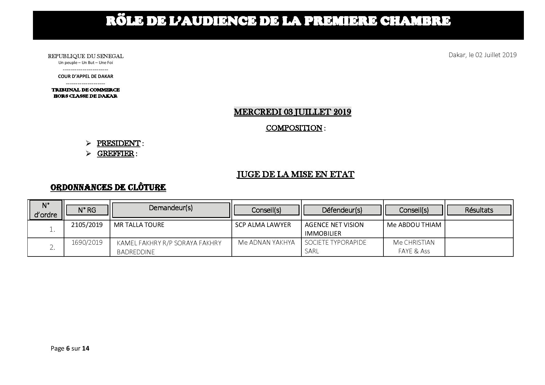 Tribunal du Commerce: Audiences de la Première Chambre de ce mercredi 3 juillet 2019