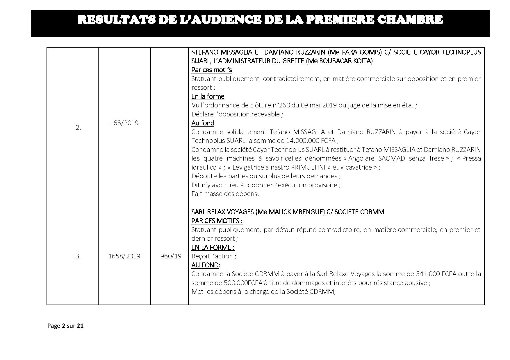 Tribunal du Commerce: Délibérés des Audiences de la Première Chambre du mercredi 3 juillet 2019