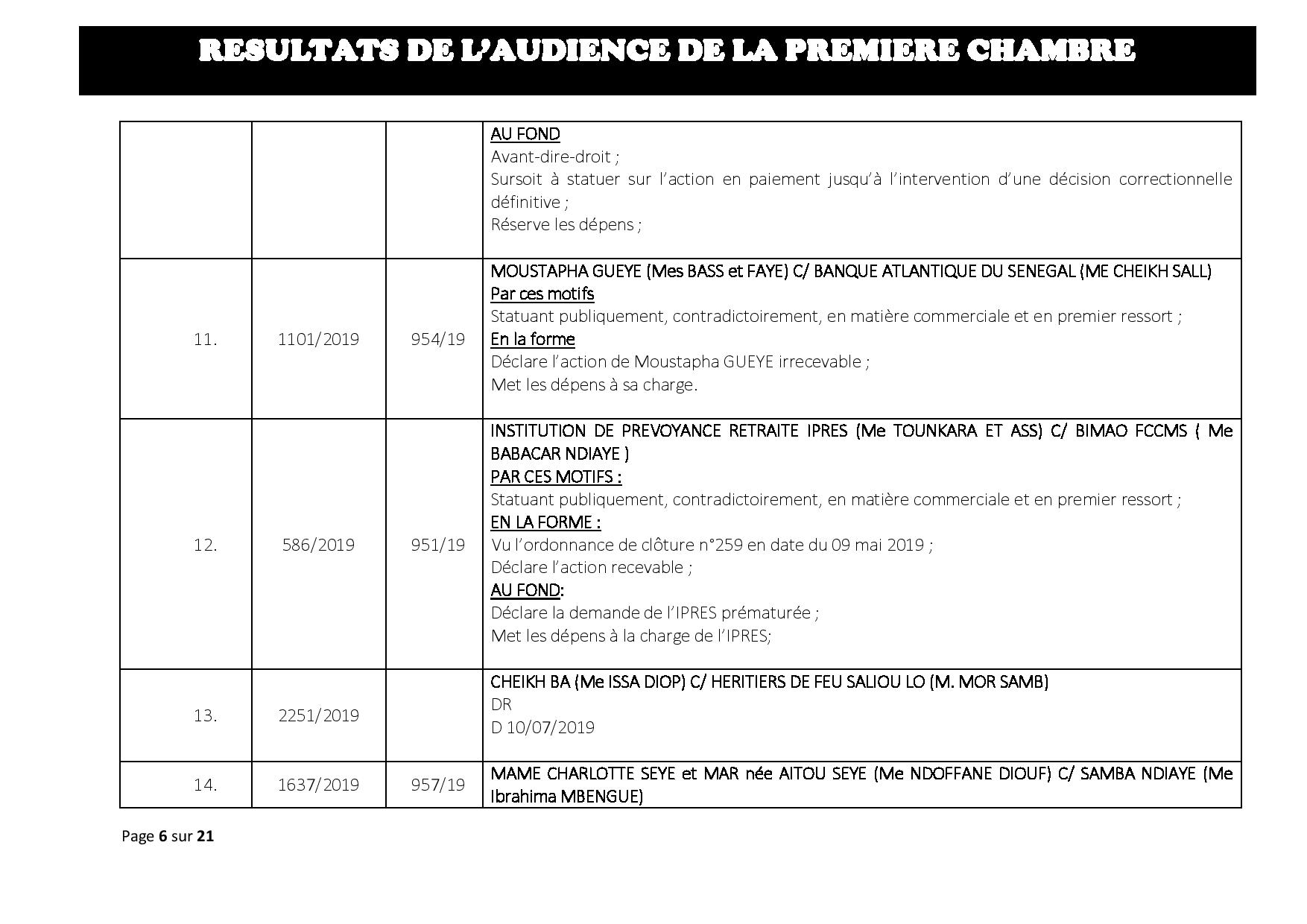 Tribunal du Commerce: Délibérés des Audiences de la Première Chambre du mercredi 3 juillet 2019