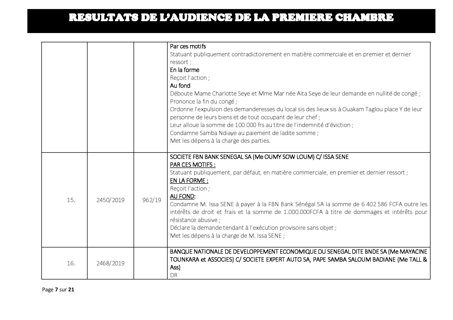 Tribunal du Commerce: Délibérés des Audiences de la Première Chambre du mercredi 3 juillet 2019