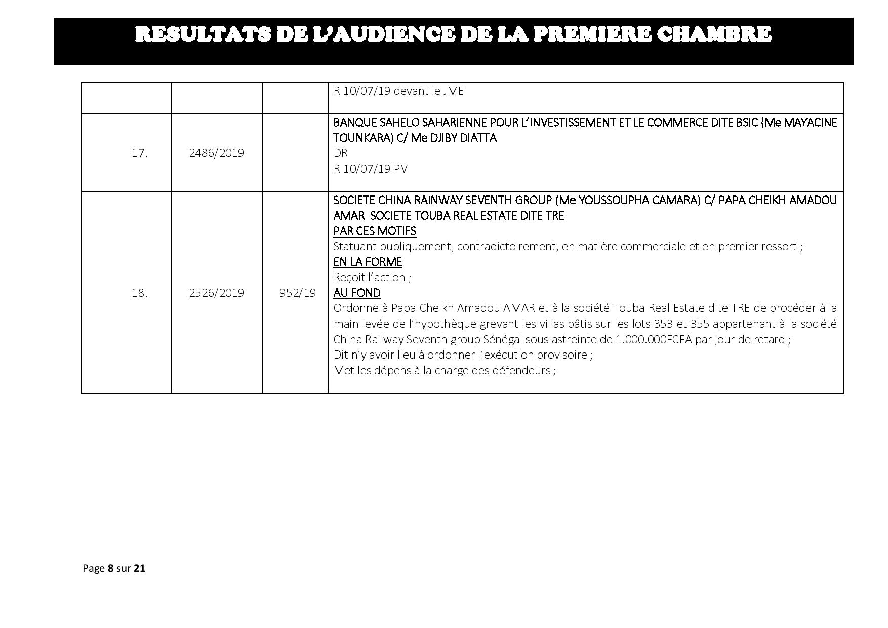 Tribunal du Commerce: Délibérés des Audiences de la Première Chambre du mercredi 3 juillet 2019