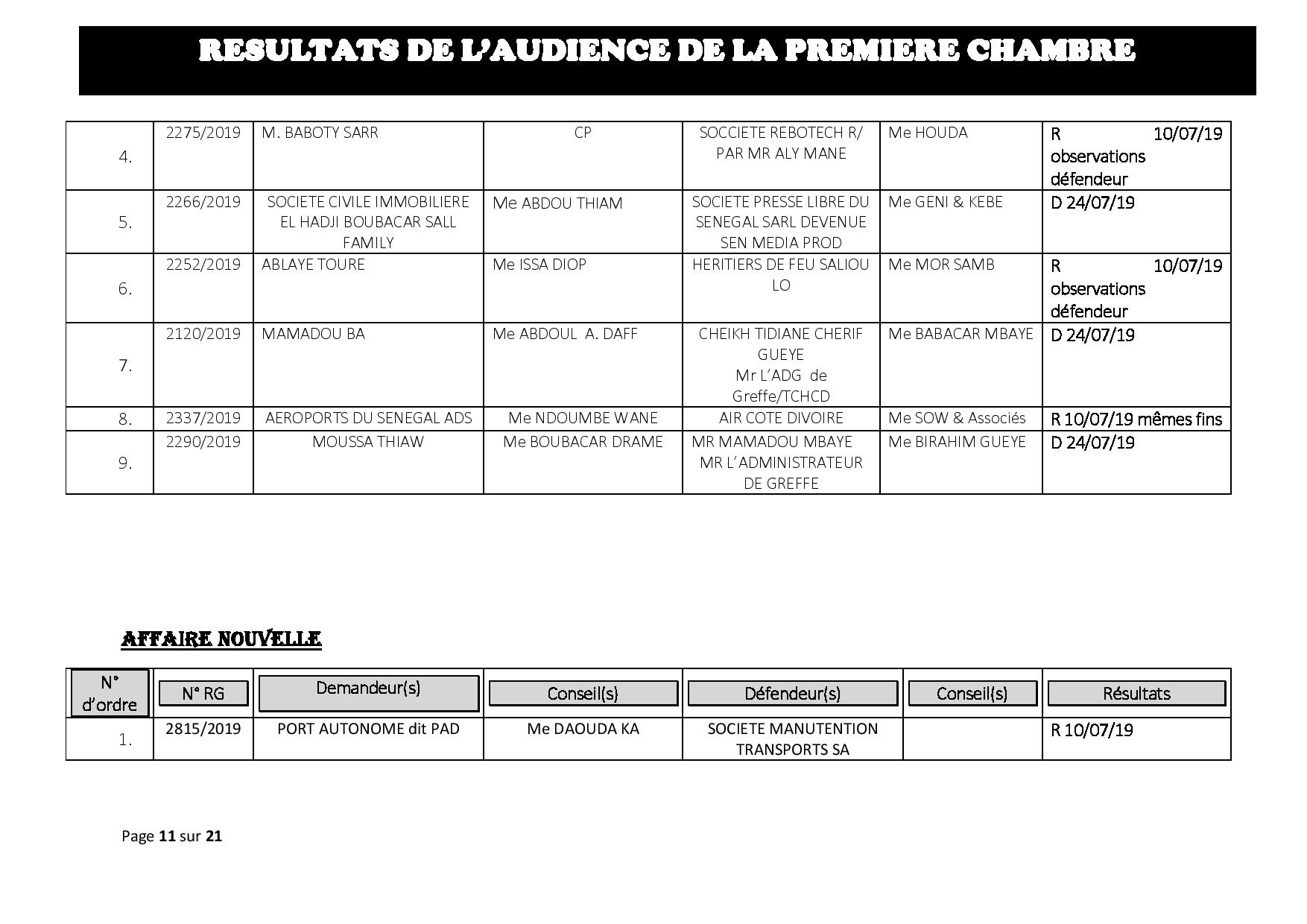 Tribunal du Commerce: Délibérés des Audiences de la Première Chambre du mercredi 3 juillet 2019