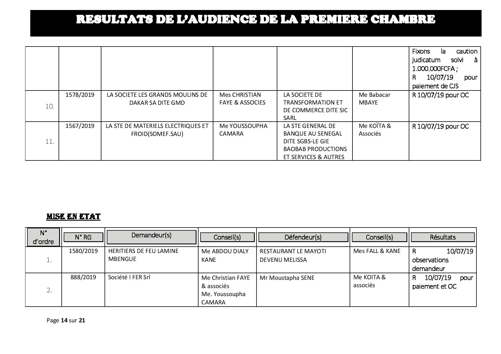 Tribunal du Commerce: Délibérés des Audiences de la Première Chambre du mercredi 3 juillet 2019