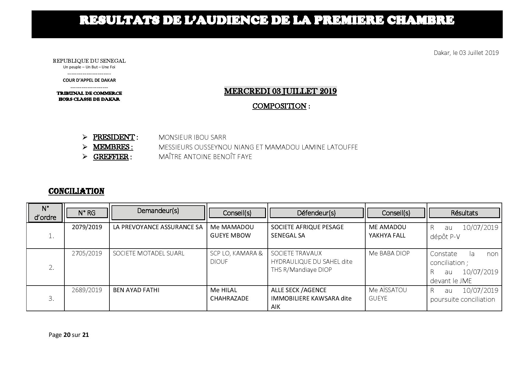 Tribunal du Commerce: Délibérés des Audiences de la Première Chambre du mercredi 3 juillet 2019