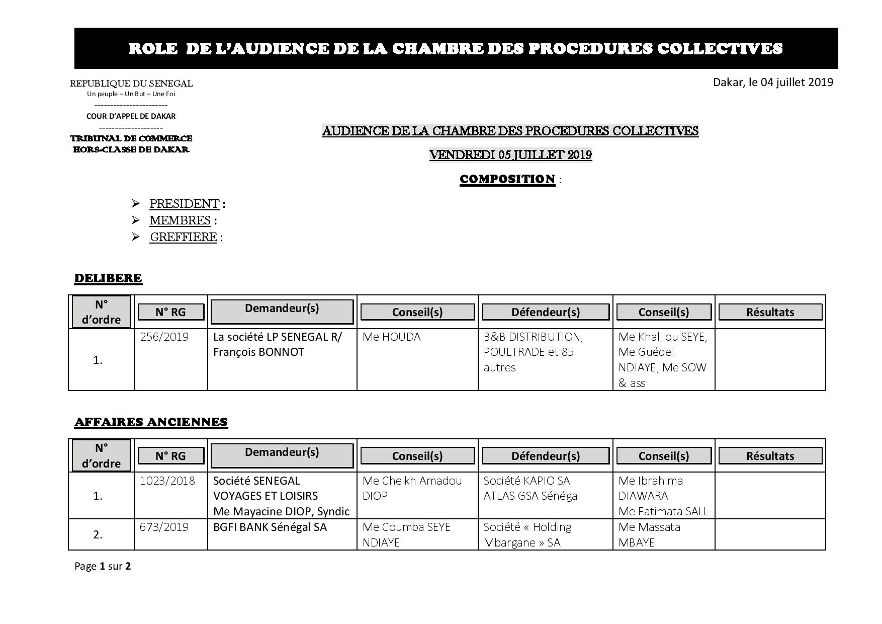 Audiences de la Chambre des Procédures Collectives de ce vendredi 5 juillet 2019