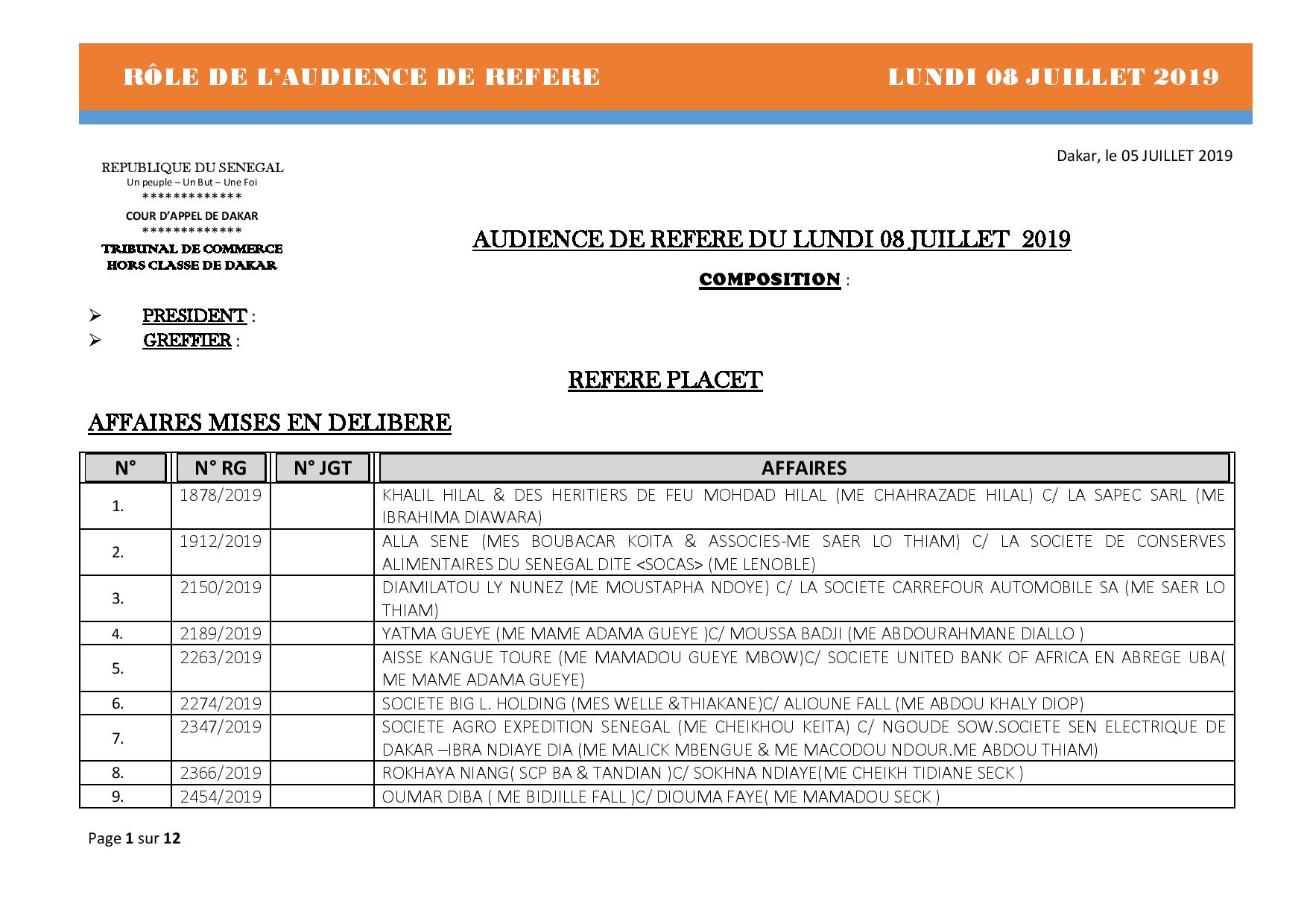 Tribunal du Commerce: Audiences des Référés de ce lundi 8 juillet 2019