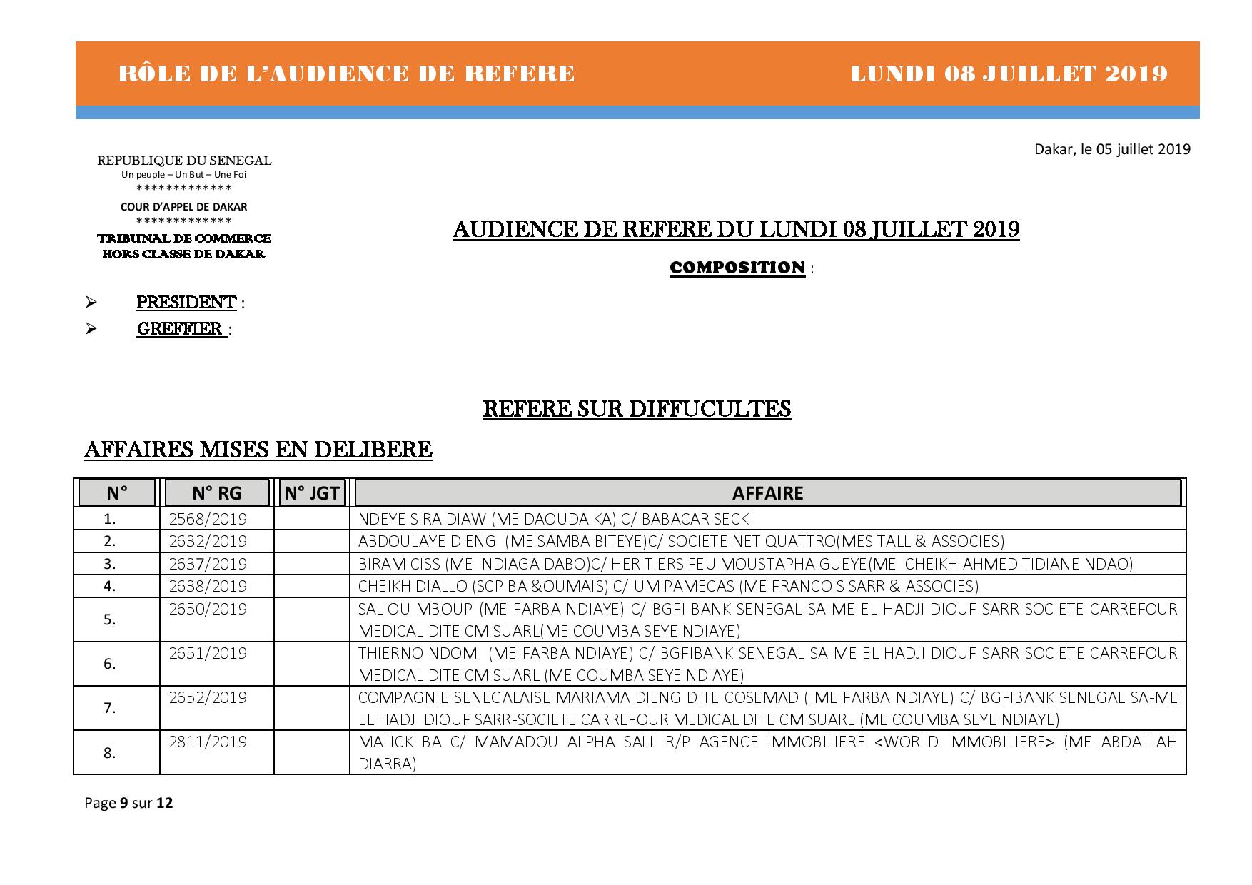 Tribunal du Commerce: Audiences des Référés de ce lundi 8 juillet 2019