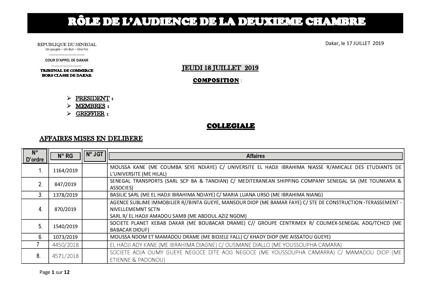 Tribunal du Commerce: Audiences de la 2e Chambre de ce jeudi 18 juillet 2019