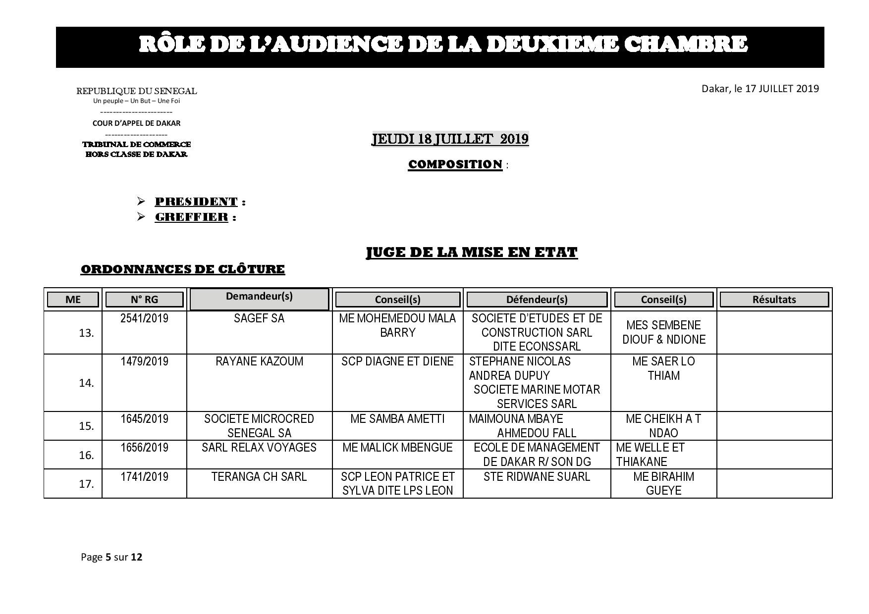 Tribunal du Commerce: Audiences de la 2e Chambre de ce jeudi 18 juillet 2019