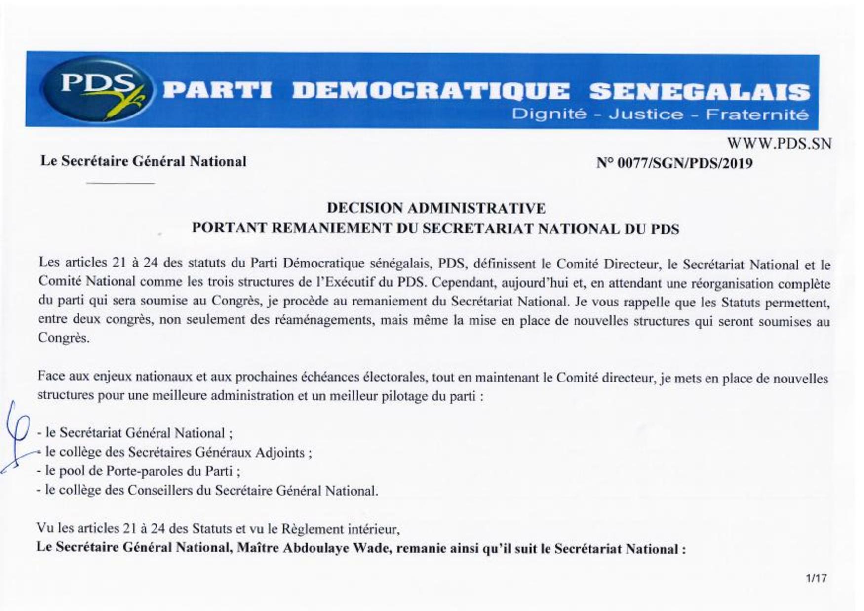 Urgent: Voici la composition du nouveau Secrétariat national du PDS (Documents)