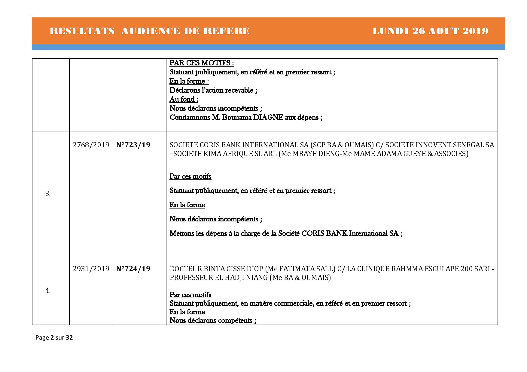 Tribunal du Commerce: Délibérés Audiences des Référés du lundi 26 août 2019