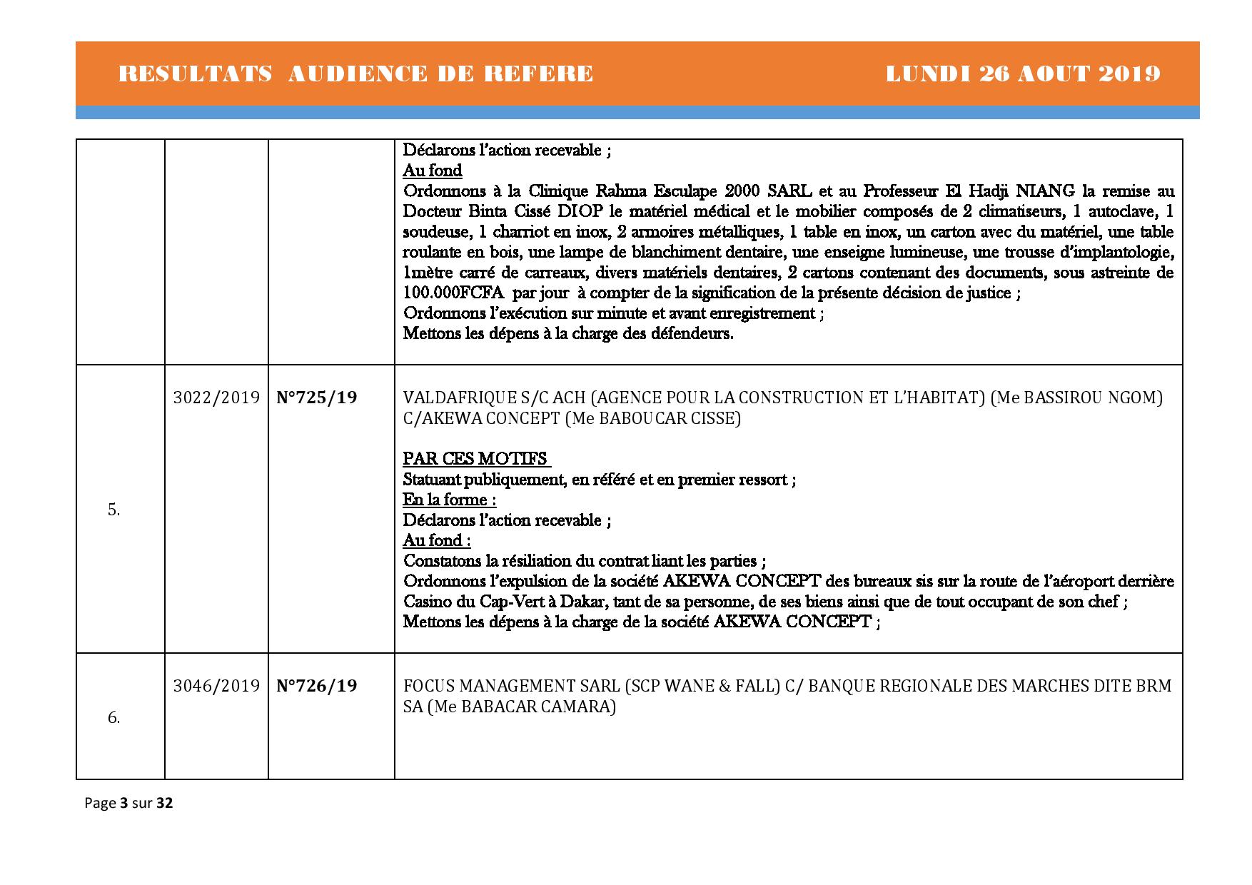 Tribunal du Commerce: Délibérés Audiences des Référés du lundi 26 août 2019