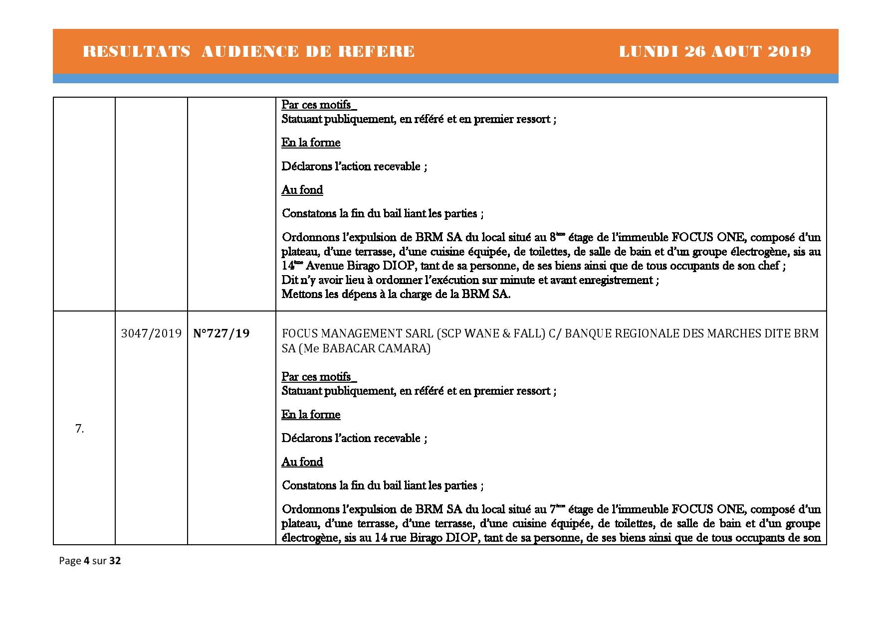 Tribunal du Commerce: Délibérés Audiences des Référés du lundi 26 août 2019