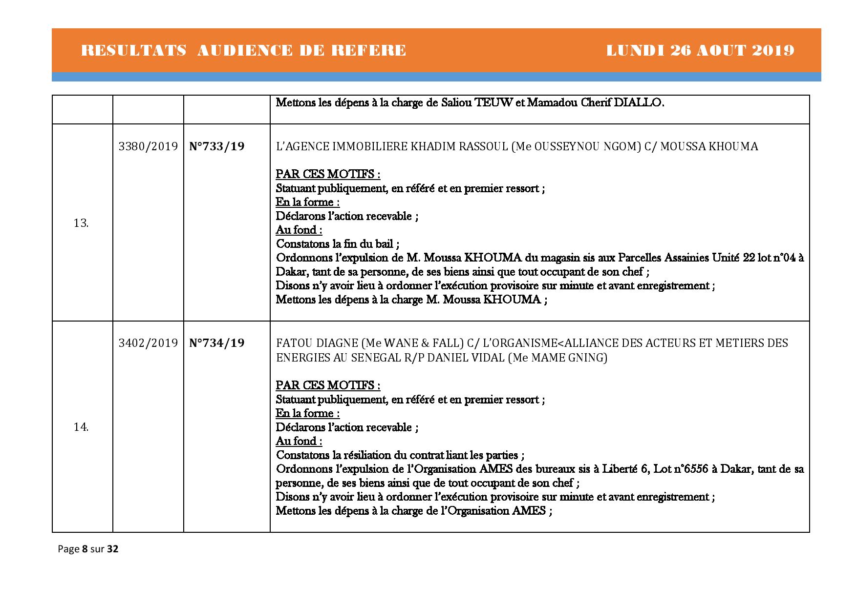 Tribunal du Commerce: Délibérés Audiences des Référés du lundi 26 août 2019