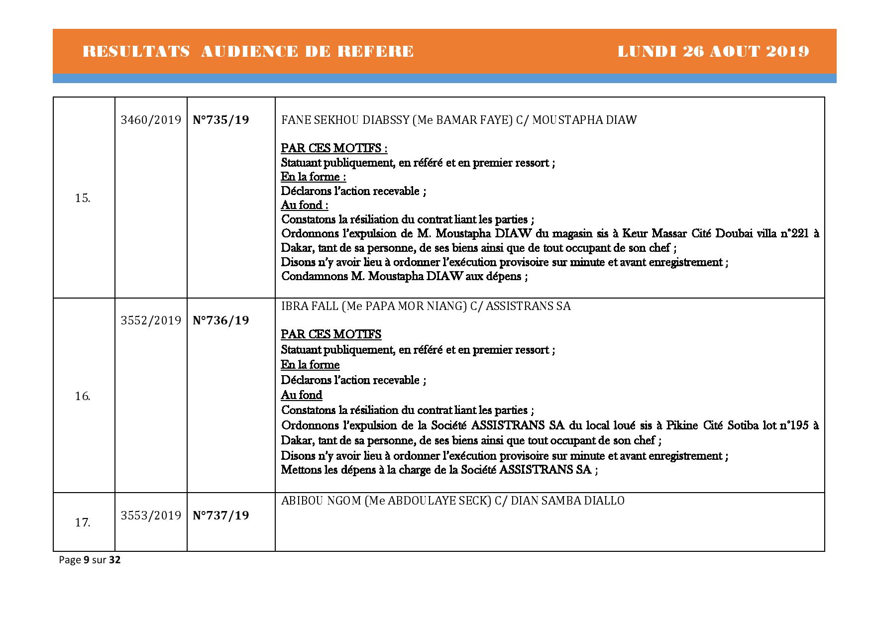 Tribunal du Commerce: Délibérés Audiences des Référés du lundi 26 août 2019