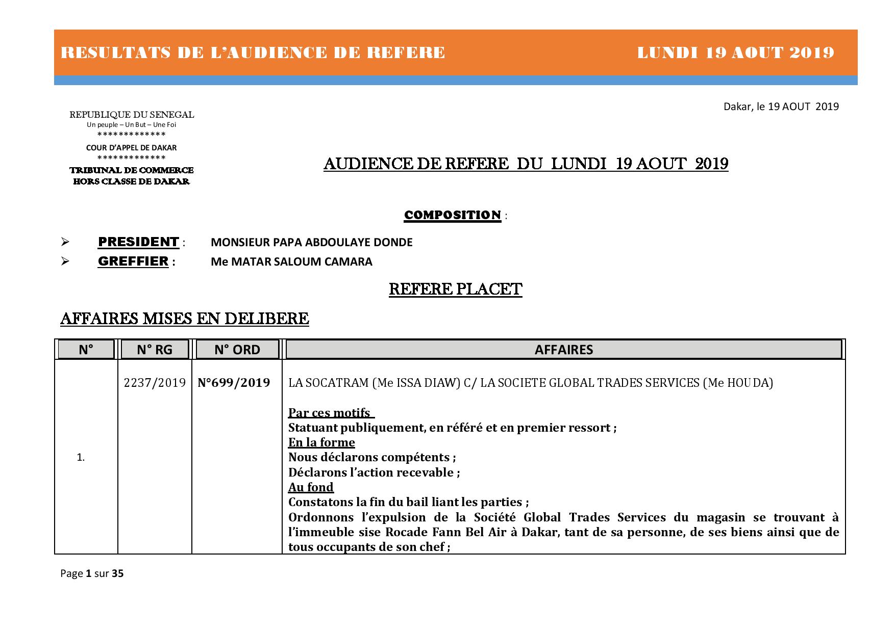 Tribunal du Commerce: Délibérés des Audiences du lundi 19 août 2019