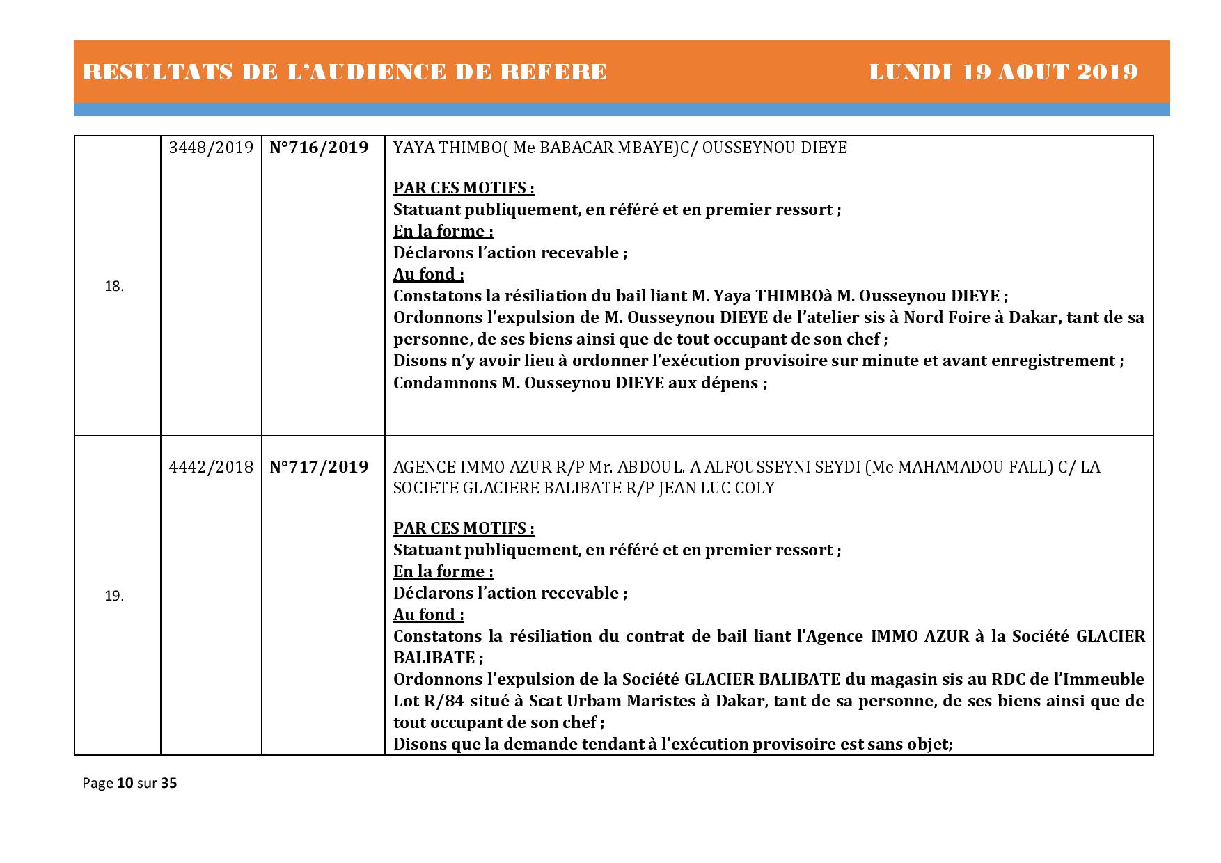 Tribunal du Commerce: Délibérés des Audiences du lundi 19 août 2019