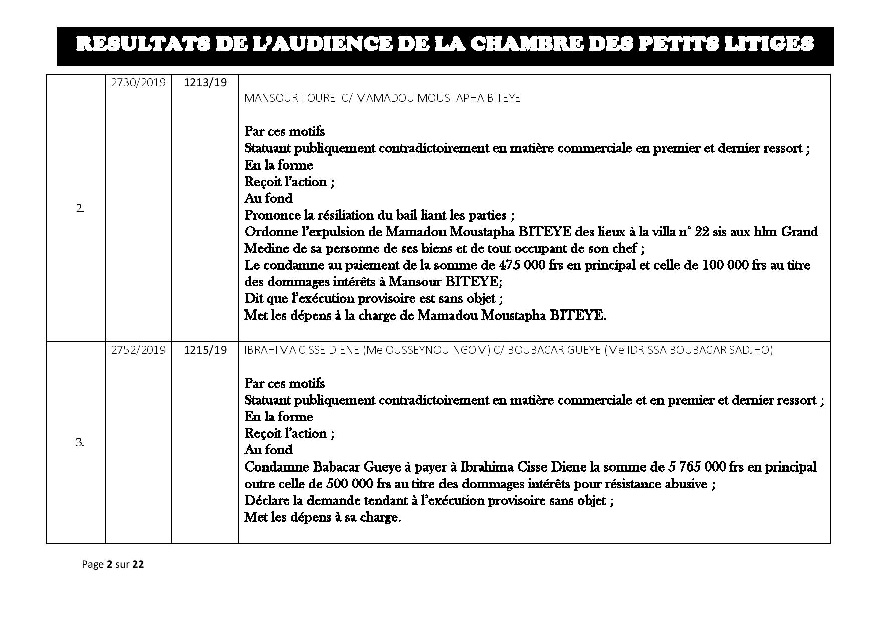 Tribunal du Commerce: Délibérés des Audiences du mardi 20 août 2019